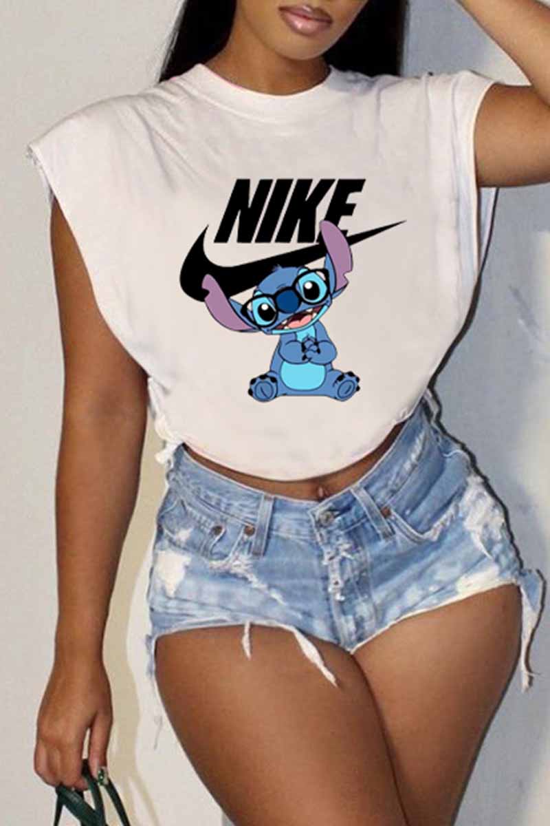 

White Fashion Street Character Print Letter O Neck T-Shirts