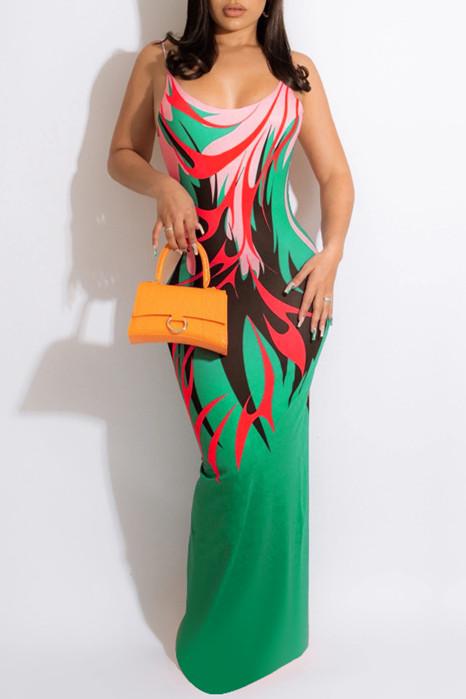 

Grass Green Fashion Sexy Print Backless Spaghetti Strap Long Dress