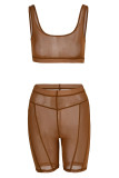 Brown Sexy Solid Patchwork See-through U Neck Sleeveless Two Pieces
