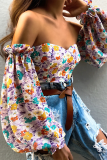 Fuchsia Fashion Print Patchwork Tops à épaules dénudées
