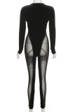 Macacão skinny preto fashion sexy de patchwork sólido transparente com decote em V