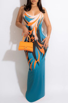 Lake Blue Fashion Sexy Print Backless Spaghetti Strap Langes Kleid