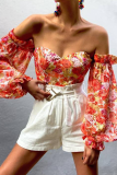 Apricot Pink Fashion Print Patchwork Off the Shoulder Tops