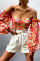Tangerine Red Fashion Print Patchwork Off-the-Shoulder-Tops