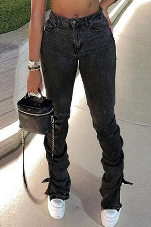 Dunkelgraue, modische, lässige, solide Patchwork-Schlitzfalte mit hoher Taille und normaler Denim-Jeans