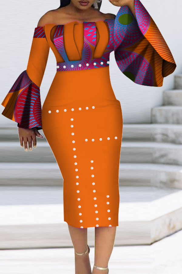 Rood oranje vintage print patchwork off-shoulder kokerrok jurken