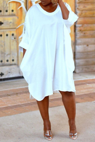 ホワイトカジュアルソリッドくり抜かれたパッチワークOネックストレートプラスサイズのドレス