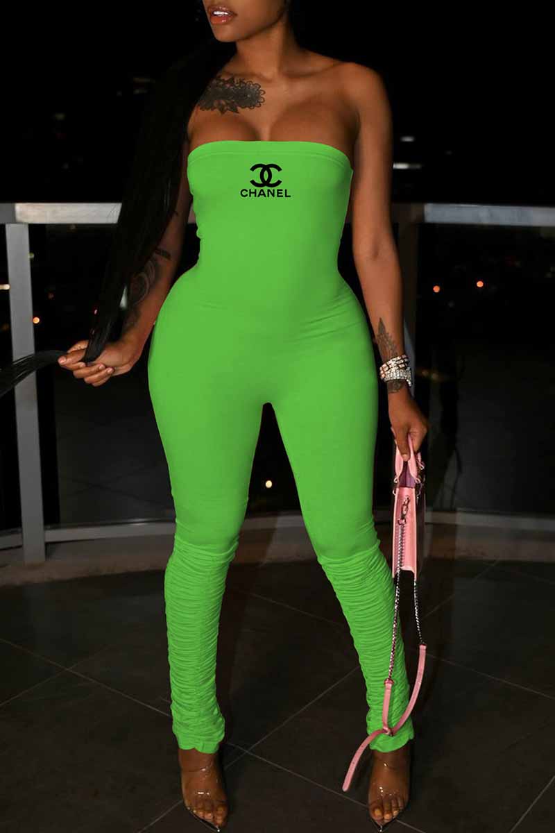 

Fluorescent Green Fashion Sexy Letter Print Fold Strapless Jumpsuits