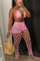 Pink Sexy Solid Hollowed Out Patchwork Sleeveless Two Pieces Crochet Knit Halter Crop Tops And Pants Sets