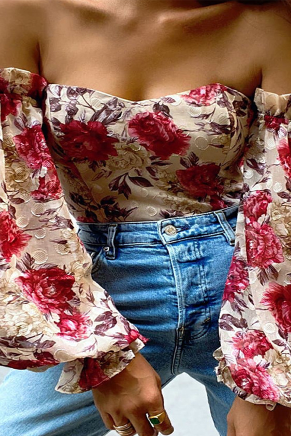 Fuchsia Fashion Print Patchwork Off-shoulder Tops