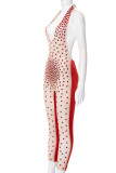Röd Sexig Solid Patchwork Genomskinlig Hot Drill V-hals Skinny Jumpsuits
