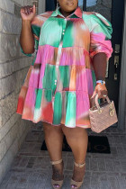ピンクグリーンカジュアルプリントパッチワークバックルターンダウンカラーシャツドレスプラスサイズのドレス
