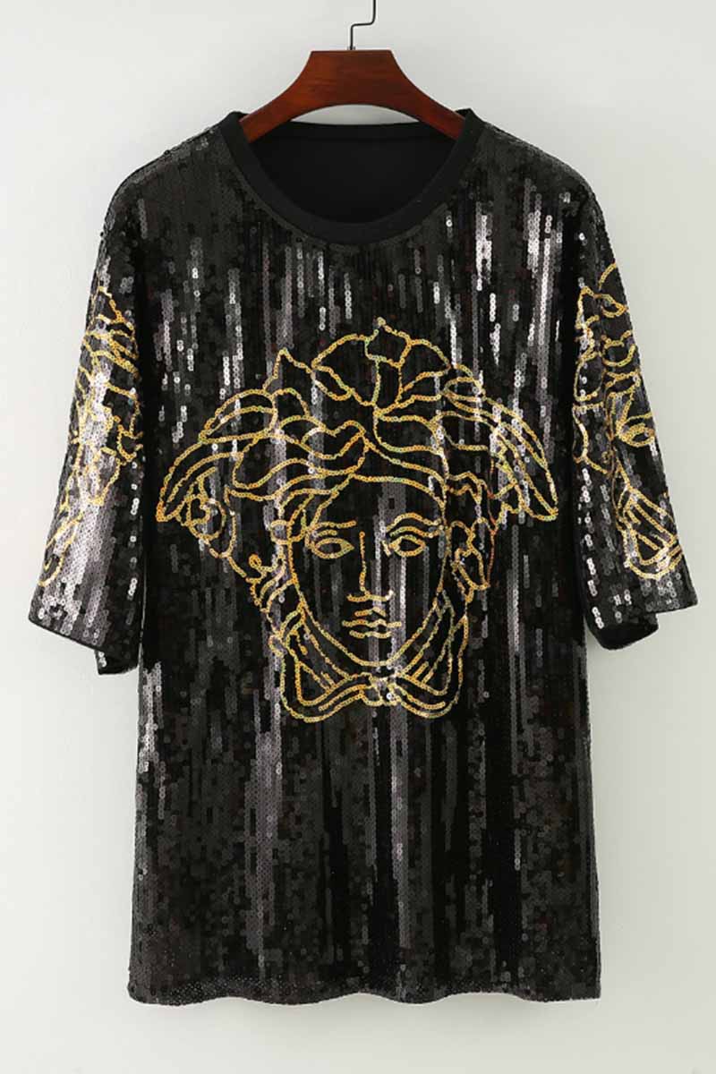 

Black Fashion Casual Figure Sequins O Neck Straight Dresses