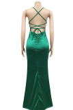 グリーンファッションセクシーな固体包帯背中の開いたスパゲッティストラップロングドレス