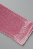 Barboteuse skinny décontractée rose uni avec col à fermeture éclair et patchwork