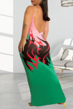 Grasgrün Mode Sexy Plus Size Print Backless Spaghetti Strap Langes Kleid