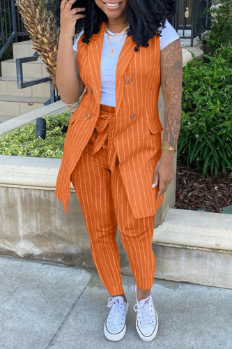 Tangerine Red Casual Striped Patchwork Turndown Collar Sleeveless Two Pieces
