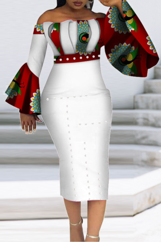 White Vintage Print Patchwork Off the Shoulder Pencil Skirt Dresses