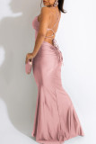 Розовое модное сексуальное однотонное бинтовое длинное платье с открытой спиной на тонких бретелях