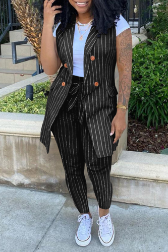 Black Casual Striped Patchwork Turndown Collar Sleeveless Two Pieces