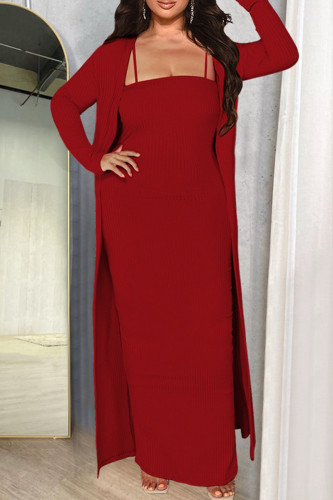 Burgundy Fashion Casual Solid Patchwork Square Collar Long Sleeve Two Pieces
