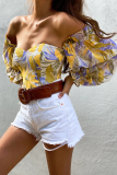 Apricot Pink Fashion Print Patchwork Off the Shoulder Tops