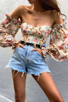Apricot Pink Fashion Print Patchwork Off-the-Shoulder-Tops