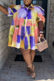 Пурпурно-желтое повседневное платье-рубашка с отложным воротником и пряжкой в ​​стиле пэчворк с принтом Платья больших размеров