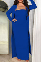 カラフルなブルーのファッションカジュアルソリッドパッチワークスクエアカラー長袖XNUMXピース