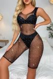 Black Sexy Solid Hollowed Out Hot Drill O Neck Skinny Rompers