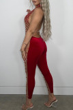 Red Sexy Solid Patchwork See-through Hot Drill V Neck Skinny Jumpsuits