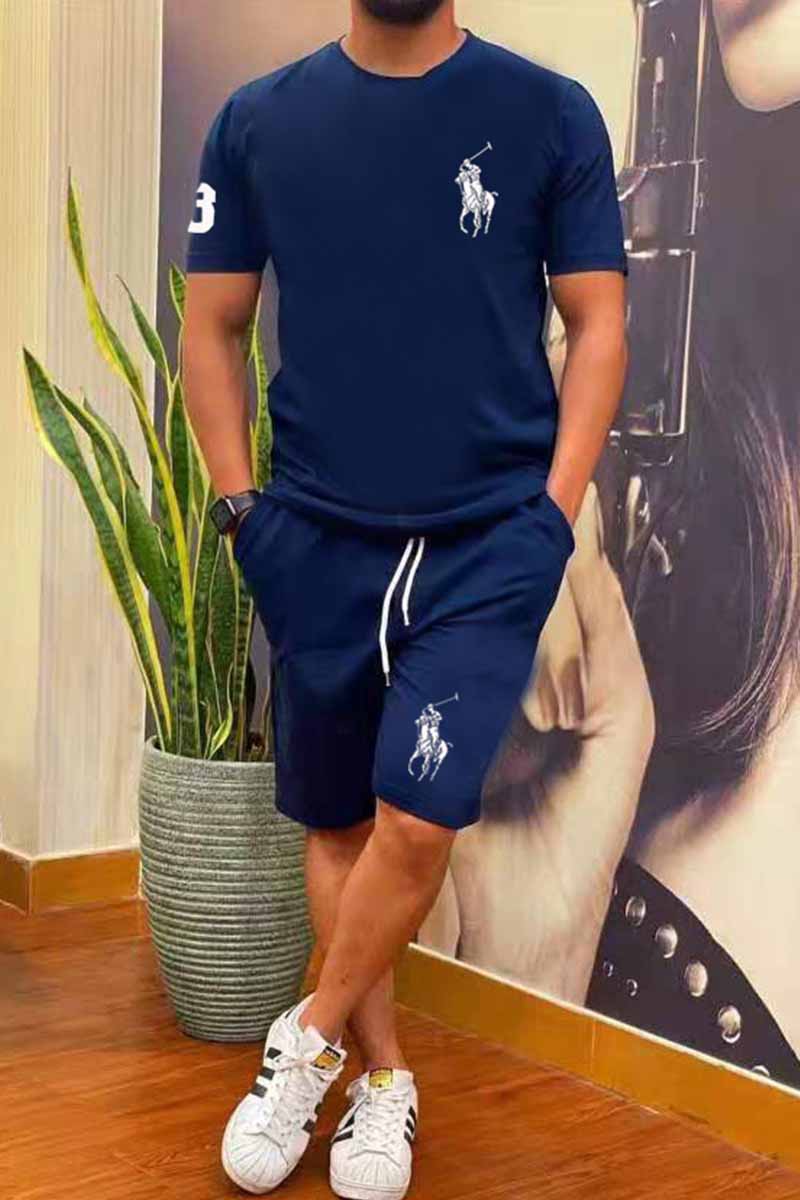 

Navy Blue Fashion Sportswear Print Patchwork O Neck Short Sleeve Two Pieces