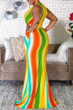 Flerfärgad mode sexigt tryck Patchwork V-ringad ärmlös klänning