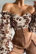 Off-shoulder tops met abrikozenprint en patchwork