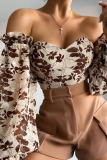 Khaki Fashion Print Patchwork Off-the-Shoulder-Tops