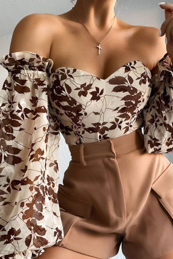 Apricot Fashion Print Patchwork Off the Shoulder Tops