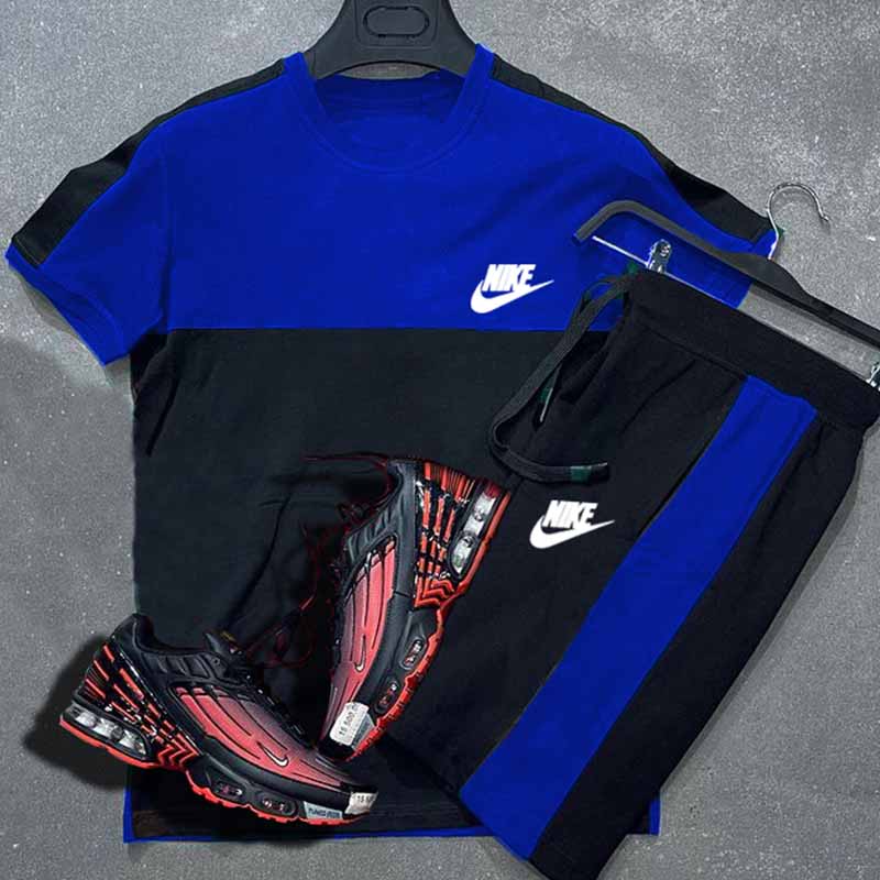 

Blue Black Fashion Casual Print Patchwork O Neck Short Sleeve Two Pieces