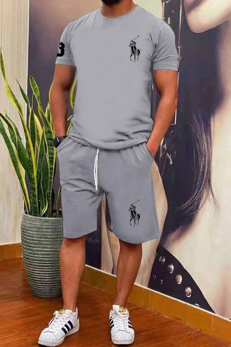 

Grey Fashion Sportswear Print Patchwork O Neck Short Sleeve Two Pieces