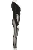 Zwarte mode sexy effen patchwork doorschijnende skinny jumpsuits met V-hals