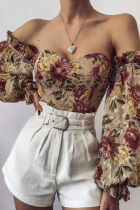 Khaki Fashion Print Patchwork Off the Shoulder Tops