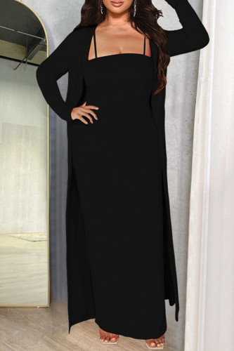 Black Fashion Casual Solid Patchwork Square Collar Long Sleeve Two Pieces