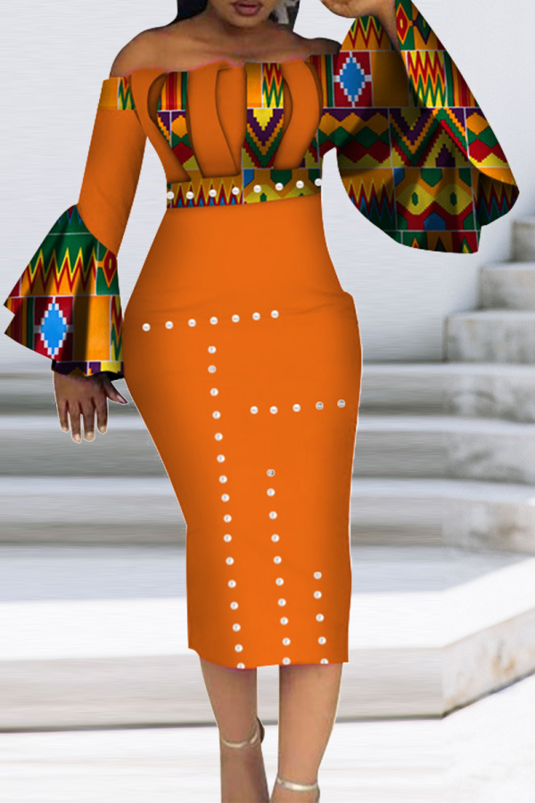 オレンジヴィンテージプリントパッチワークオフショルダーペンシルスカートドレス