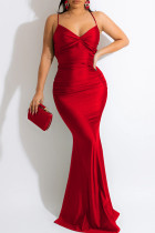 Vestido longo vermelho fashion sexy atadura sólida sem costas com alça de espaguete