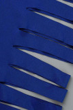 Vestidos saia lápis azul profundo sexy sólido rasgado vazado patchwork gola oblíqua
