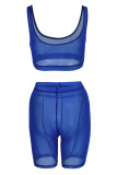 Blue Sexy Solid Patchwork See-through U Neck Sleeveless Two Pieces