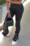 Темно-серые модные повседневные однотонные джинсы в стиле пэчворк с разрезом и высокой талией, обычные джинсовые джинсы