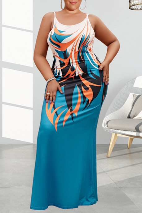 Lake Blue Fashion Sexy Plus Size Print rückenfreies langes Kleid mit Spaghettiträgern