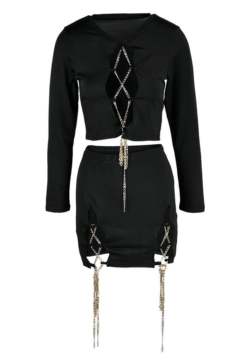 Wholesale Black Sexy Solid Hollowed Out Chains Slit O Neck Long Sleeve Two Pieces Ws17807 1 1077