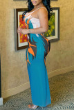 Имбирное модное сексуальное длинное платье с вырезом на спине и бретельками с принтом