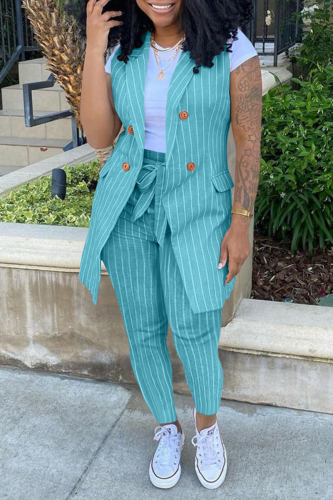 Sky Blue Casual Striped Patchwork Turndown Collar Sleeveless Two Pieces